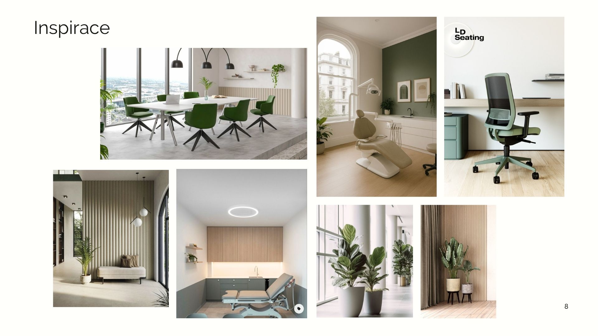 Inspirace pro interiér ordinace – zelený nábytek, lamely, přírodní prvky