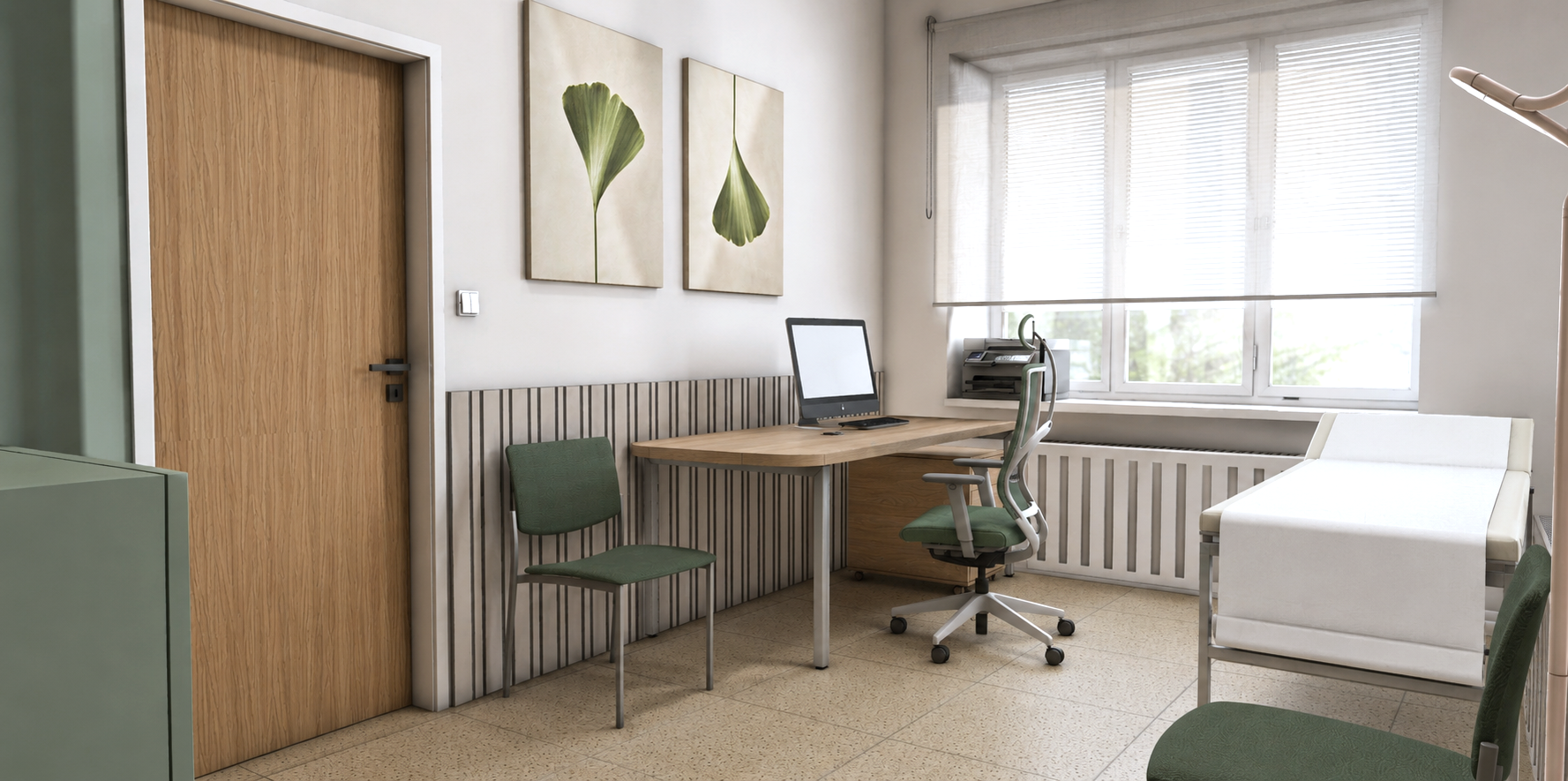 Vizualizace ordinace – pracovní stůl, zelené židle, vyšetřovací lehátko a obrazy gingka